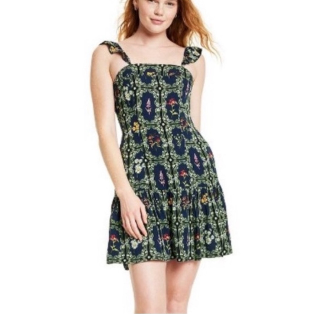 Agua Bendita Navy Green Floral Mini Dress